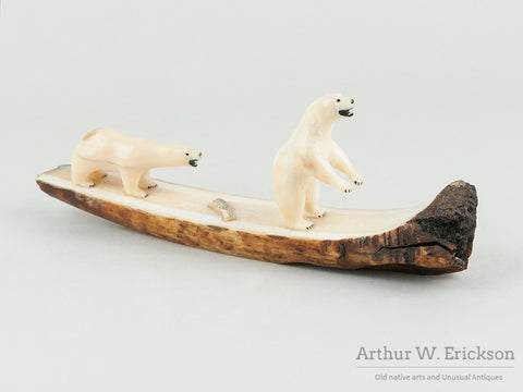 Eskimo Ivory Carving of Two Bears with Lunch on a Fossilized Ivory Mount