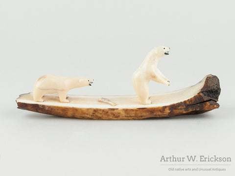 Eskimo Ivory Carving of Two Bears with Lunch on a Fossilized Ivory Mount