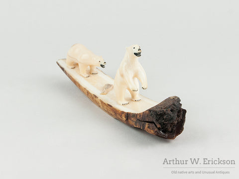 Eskimo Ivory Carving of Two Bears with Lunch on a Fossilized Ivory Mount
