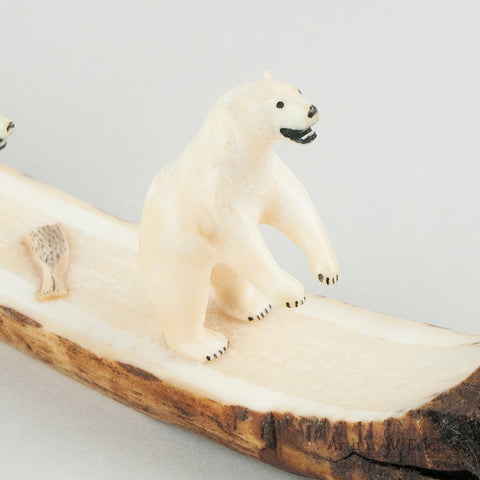 Eskimo Ivory Carving of Two Bears with Lunch on a Fossilized Ivory Mount
