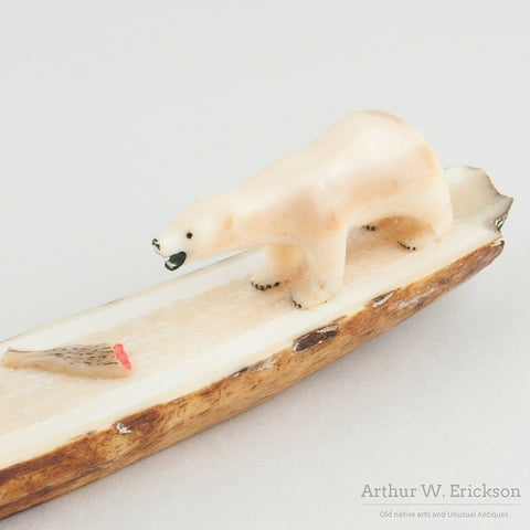 Eskimo Ivory Carving of Two Bears with Lunch on a Fossilized Ivory Mount