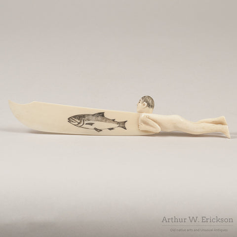 Eskimo Carved letter opener with Swimming Man Handle