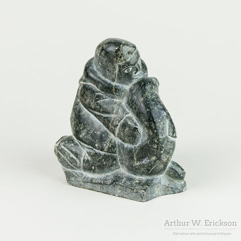 Soapstone Man with Seal Inuit Carving by Ann Markossie