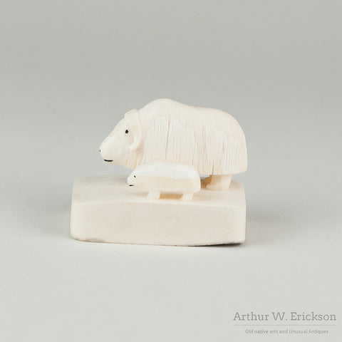 Inuit Carved Ivory Musk Ox and Calf by Hubert Kukuluk
