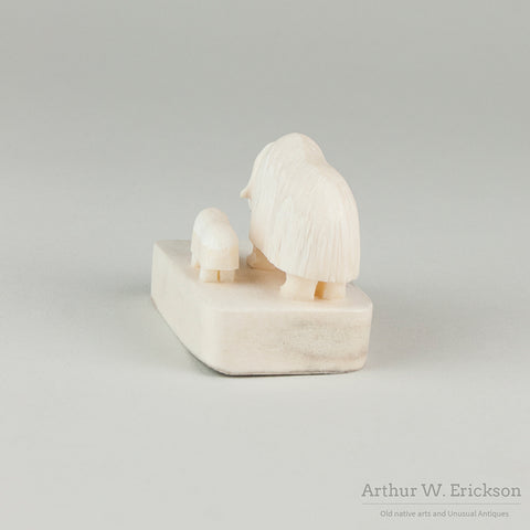 Inuit Carved Ivory Musk Ox and Calf by Hubert Kukuluk