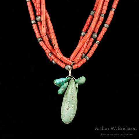 C. 1900-20 Pueblo Coral and Silver Bead Necklace with Turquoise Pendant