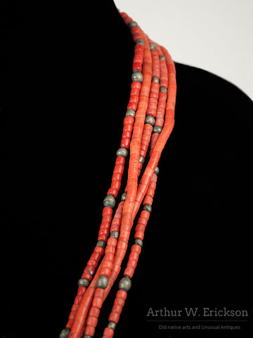 C. 1900-20 Pueblo Coral and Silver Bead Necklace with Turquoise Pendant