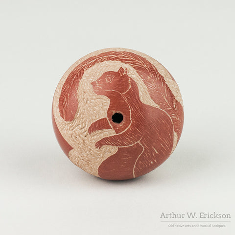 Sgraffito Squirrel Decorated Redware Seed Jar by Kwa Povi