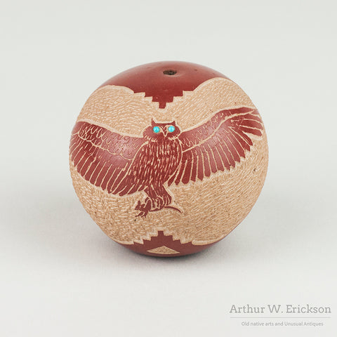 Sgraffito Owl Decorated Redware Seed Jar by Kwa Povi (Stella Tanner 1937-2006)