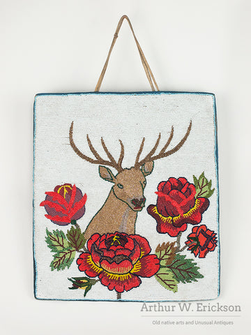 Extra Large Plateau Beaded Flat Bag with Elk Head and Roses