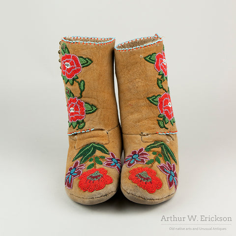 Orange an Pink Floral Beaded High Top Moccasins with Brass Buttons