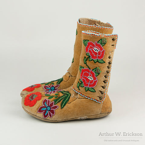 Orange an Pink Floral Beaded High Top Moccasins with Brass Buttons