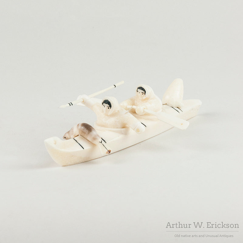 エスキモーアート　イヌイット　カヤック　アラスカ Inuit Carved Two Person Kayak by Jerome Koezuna