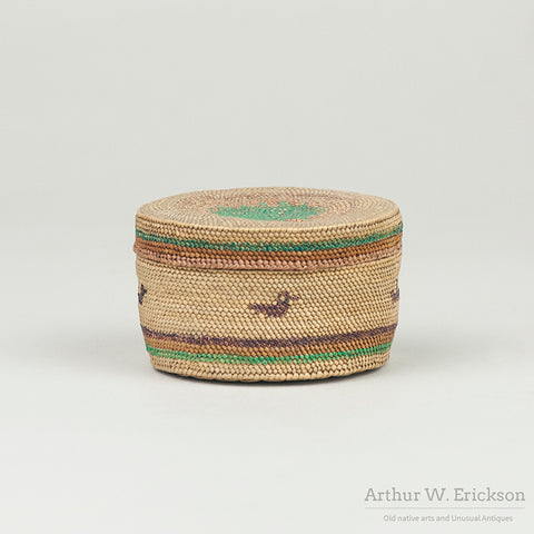 Finely Woven Small Makah Lidded Basket with Birds and Ships