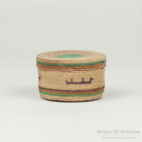 Finely Woven Small Makah Lidded Basket with Birds and Ships