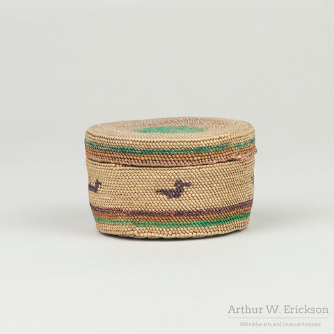 Finely Woven Small Makah Lidded Basket with Birds and Ships