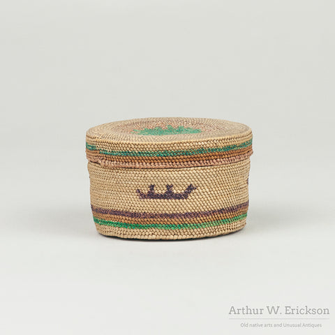 Finely Woven Small Makah Lidded Basket with Birds and Ships