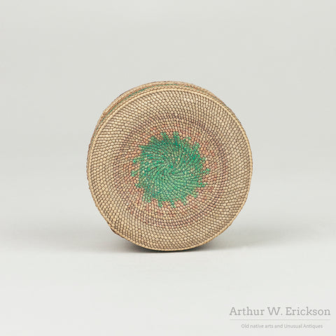Finely Woven Small Makah Lidded Basket with Birds and Ships