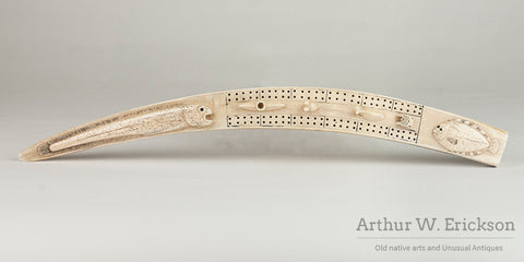 Walrus Ivory Cribbage Board with Relief Carved Critters