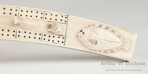 Walrus Ivory Cribbage Board with Relief Carved Critters