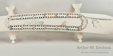Bear Headed Walrus Ivory Carved Cribbage Board