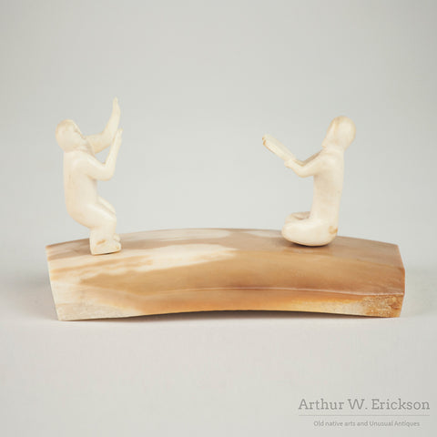 Carved Ivory Portrayal of Inuit Drummer and Dancing Figure