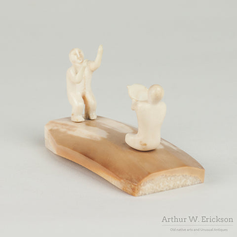 Carved Ivory Portrayal of Inuit Drummer and Dancing Figure