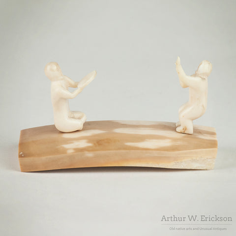 Carved Ivory Portrayal of Inuit Drummer and Dancing Figure