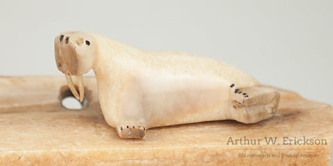 Three Inuit Carved Walruses on a Fossilized Ivory Sled Runner