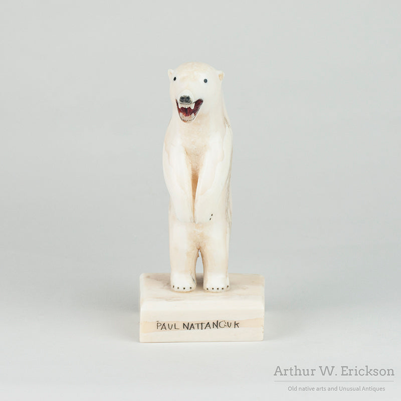 Very Large Standing Inuit Carved Walrus Ivory Polar Bear by Paul Natta