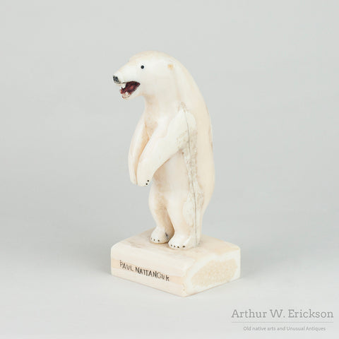 Very Large Standing Inuit Carved Walrus Ivory Polar Bear by Paul Nattanguk