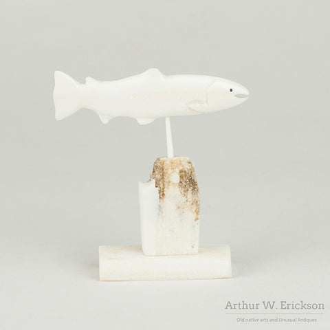 Walrus Ivory Carved Salmon on Stand by Alex Montoyuk