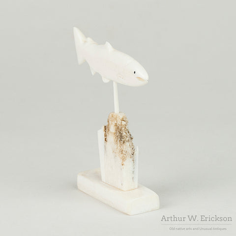 Walrus Ivory Carved Salmon on Stand by Alex Montoyuk