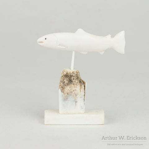 Walrus Ivory Carved Salmon on Stand by Alex Montoyuk