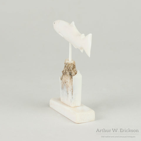 Walrus Ivory Carved Salmon on Stand by Alex Montoyuk