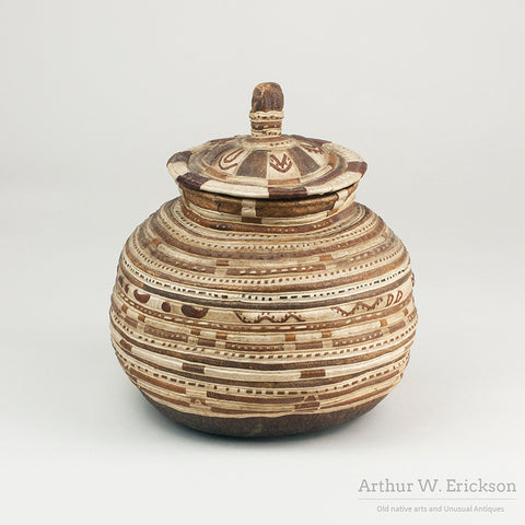 Rare Inuit Sewn Leather and Appliqué Lidded basket