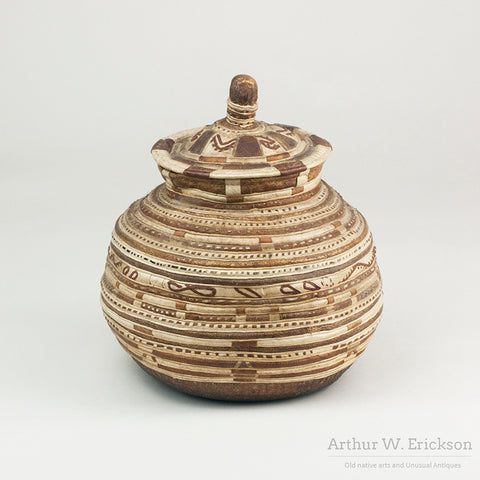 Rare Inuit Sewn Leather and Appliqué Lidded basket