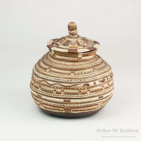 Rare Inuit Sewn Leather and Appliqué Lidded basket