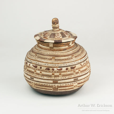 Rare Inuit Sewn Leather and Appliqué Lidded basket