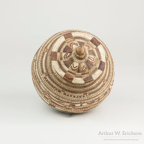 Rare Inuit Sewn Leather and Appliqué Lidded basket