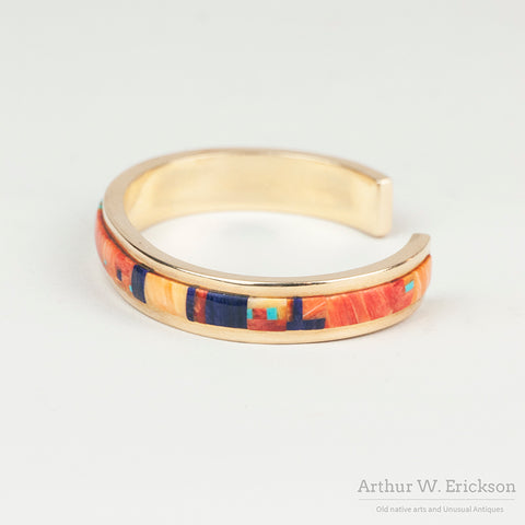 Fine Mosaic Inlay and Gold Ring and Cuff Set by Alan Wallace