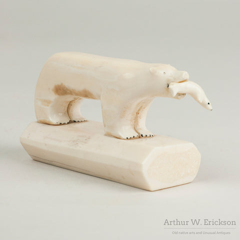 Inuit Carved Walrus Ivory Polar Bear with Lunch