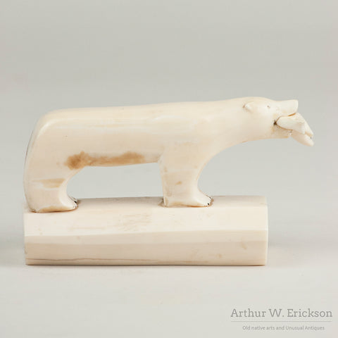 Inuit Carved Walrus Ivory Polar Bear with Lunch