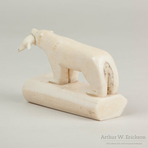 Inuit Carved Walrus Ivory Polar Bear with Lunch