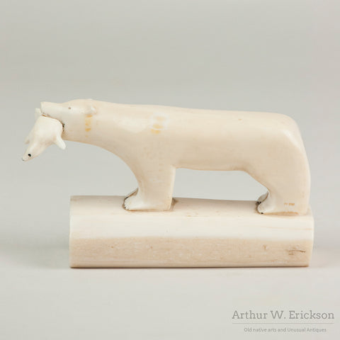 Inuit Carved Walrus Ivory Polar Bear with Lunch