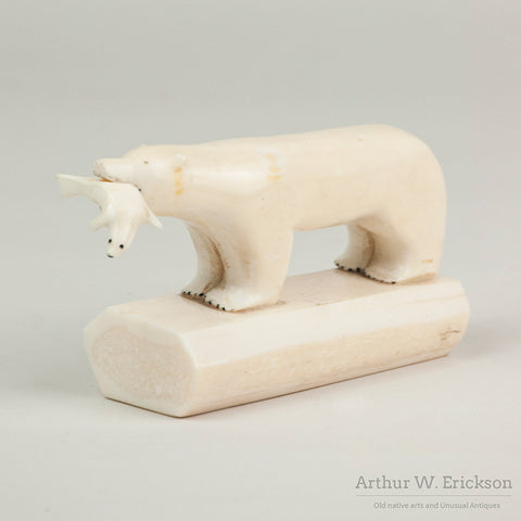 Inuit Carved Walrus Ivory Polar Bear with Lunch