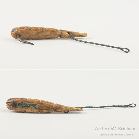 Unusual Inuit Bone Fishing Lure with Circle & Dot Motif & Lead Inlays