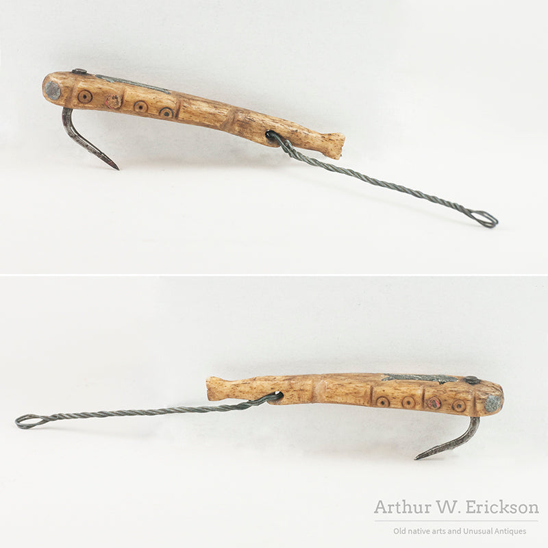 Unusual Inuit Bone Fishing Lure with Circle & Dot Motif & Lead Inlays