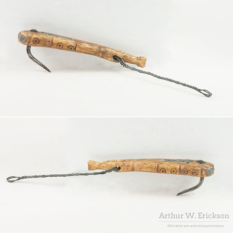 Unusual Inuit Bone Fishing Lure with Circle & Dot Motif & Lead Inlays