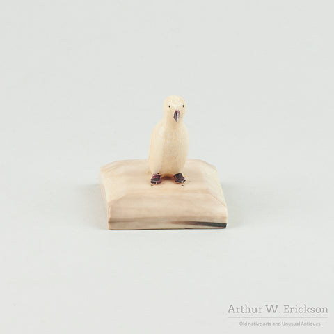 Carved Walrus Ivory Sitting Bird on Fossilized Ivory Mount